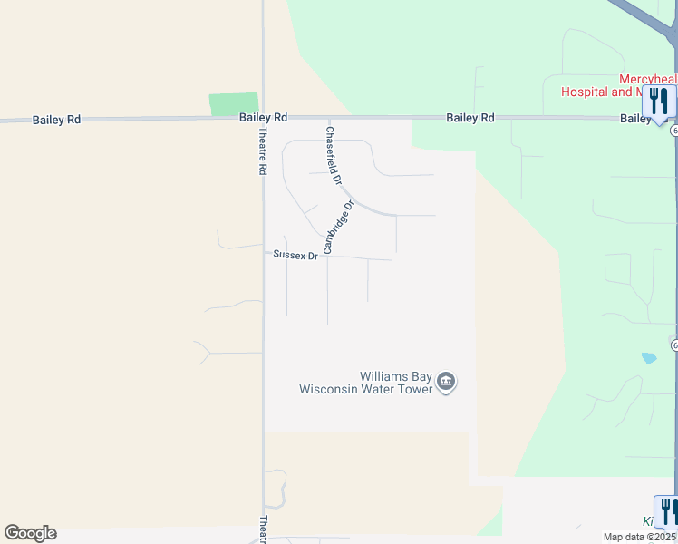 map of restaurants, bars, coffee shops, grocery stores, and more near 423 Cambridge Drive in Williams Bay