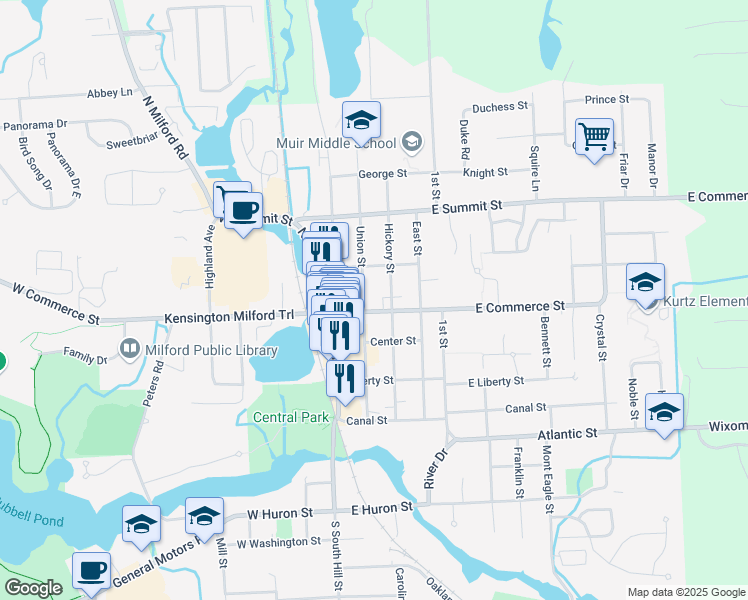 map of restaurants, bars, coffee shops, grocery stores, and more near 533 Hickory Street in Milford Charter Township
