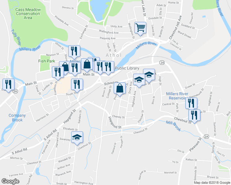 map of restaurants, bars, coffee shops, grocery stores, and more near 77 Prospect Street in Athol