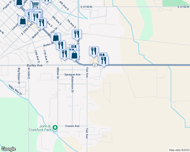 map of restaurants, bars, coffee shops, grocery stores, and more near 705 E U.S. 30 in Buhl