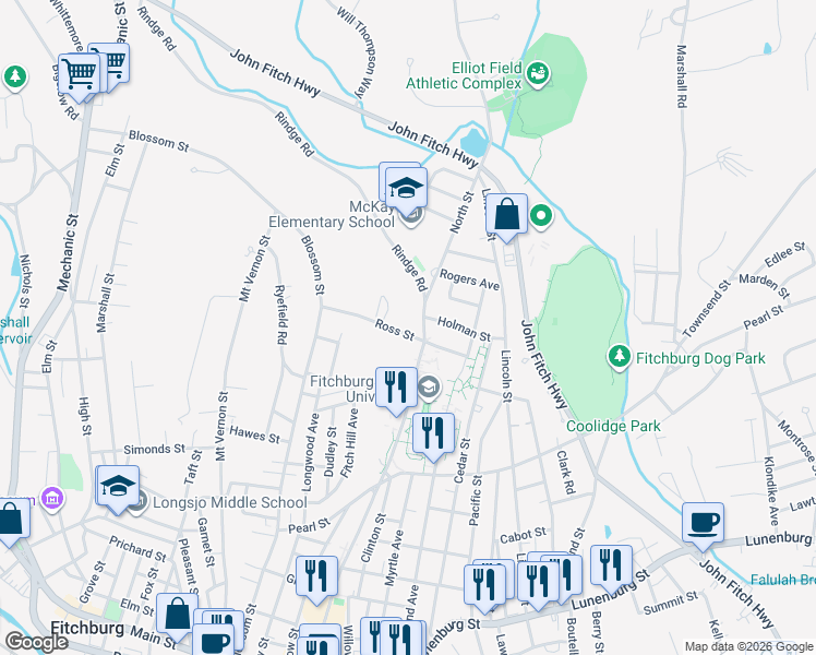 map of restaurants, bars, coffee shops, grocery stores, and more near 84 Ross Street in Fitchburg