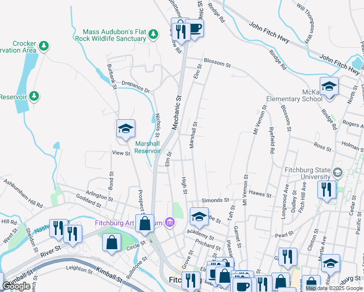 map of restaurants, bars, coffee shops, grocery stores, and more near 162 Marshall Street in Fitchburg
