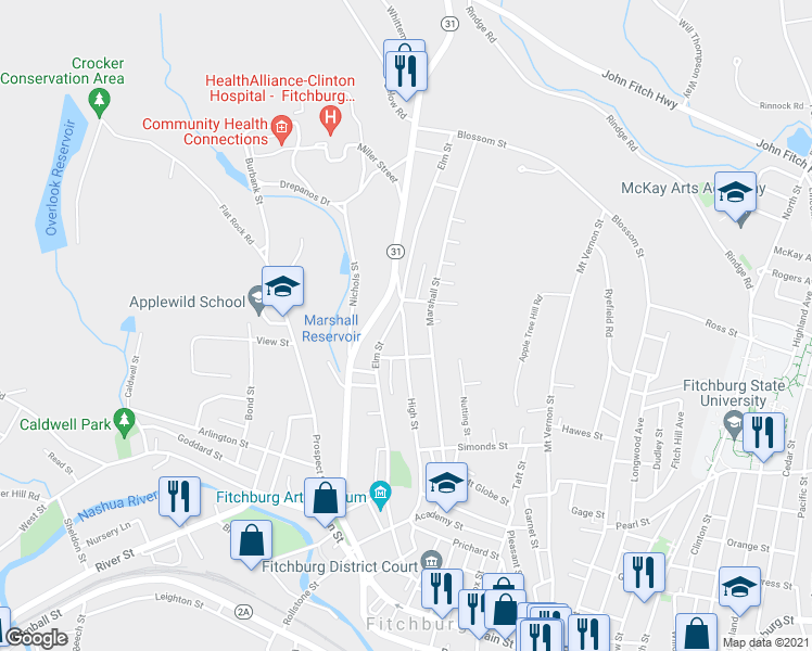 map of restaurants, bars, coffee shops, grocery stores, and more near 162 Marshall Street in Fitchburg