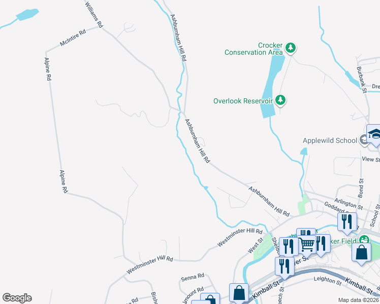map of restaurants, bars, coffee shops, grocery stores, and more near 268 Ashburnham Hill Road in Fitchburg