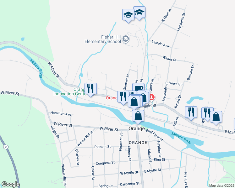 map of restaurants, bars, coffee shops, grocery stores, and more near 52 Prospect Street in Orange
