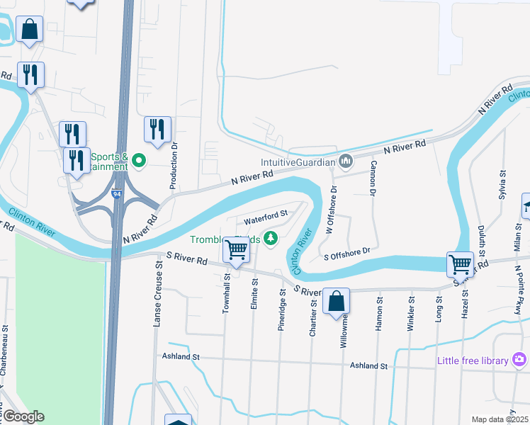 map of restaurants, bars, coffee shops, grocery stores, and more near 25935 Clinton Shore Drive in Harrison Township