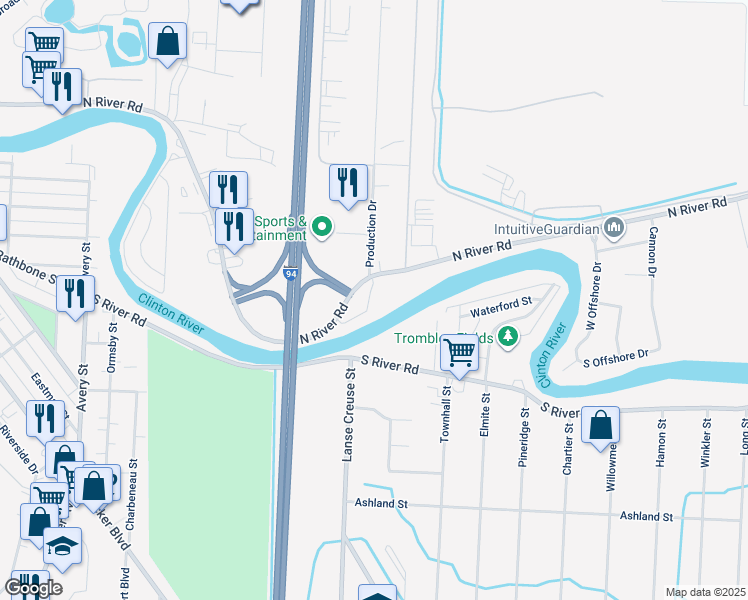 map of restaurants, bars, coffee shops, grocery stores, and more near 25450 North River Road in Harrison Township