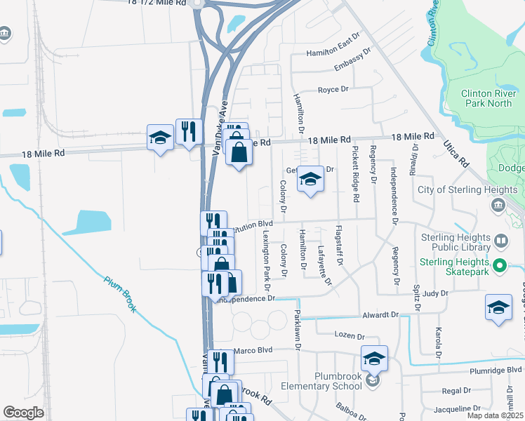 map of restaurants, bars, coffee shops, grocery stores, and more near 40611 Colony Drive in Sterling Heights