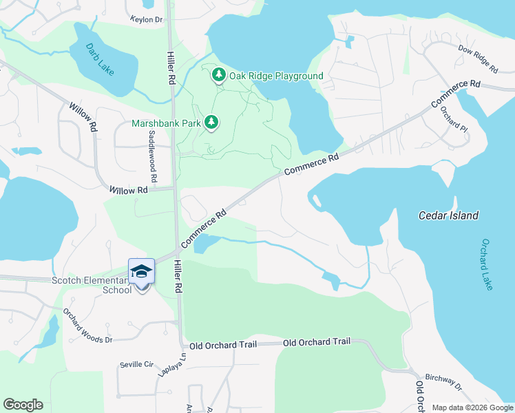 map of restaurants, bars, coffee shops, grocery stores, and more near 5465 Commerce Road in West Bloomfield Township
