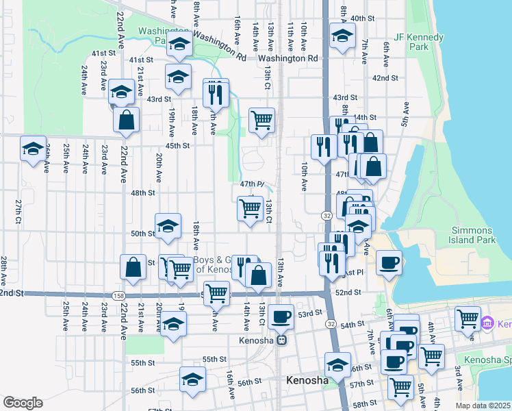 map of restaurants, bars, coffee shops, grocery stores, and more near 4800 14th Avenue in Kenosha