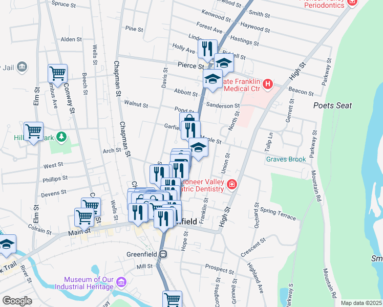 map of restaurants, bars, coffee shops, grocery stores, and more near 125 Federal Street in Greenfield