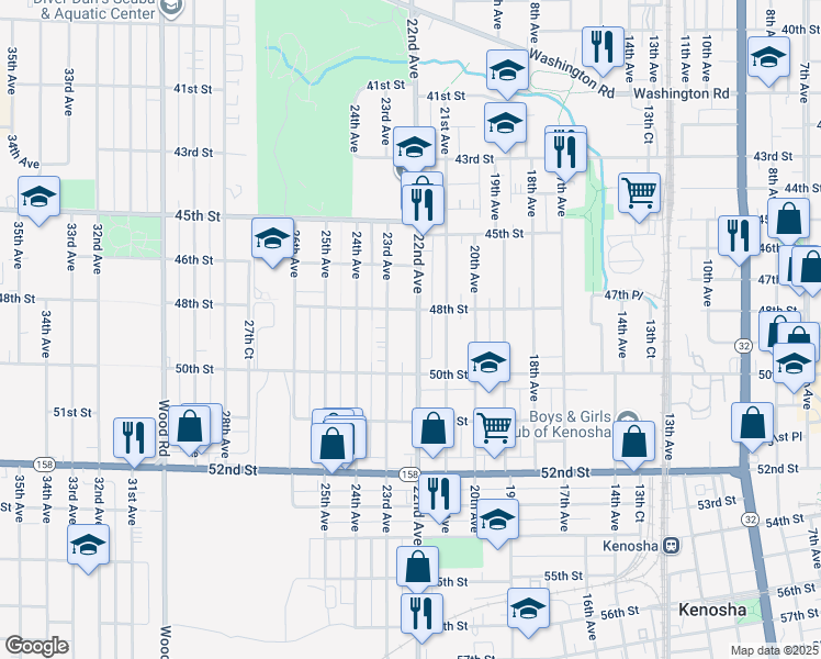 map of restaurants, bars, coffee shops, grocery stores, and more near 4818 22nd Avenue in Kenosha