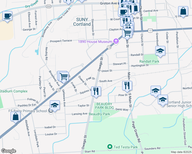 map of restaurants, bars, coffee shops, grocery stores, and more near 42 Owego Street in Cortland