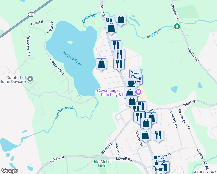 map of restaurants, bars, coffee shops, grocery stores, and more near 17 Burroughs Road in North Reading