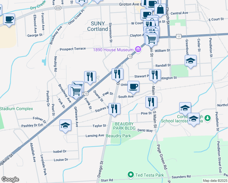 map of restaurants, bars, coffee shops, grocery stores, and more near 42 Owego Street in Cortland