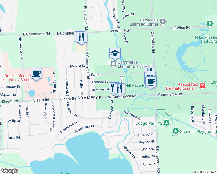 map of restaurants, bars, coffee shops, grocery stores, and more near 635 Andrews Street in Commerce Charter Township