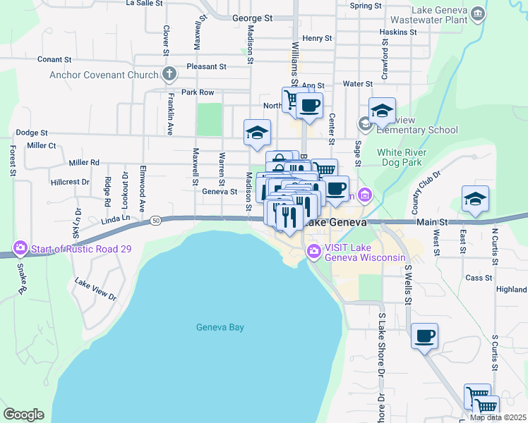 map of restaurants, bars, coffee shops, grocery stores, and more near 224 Cook Street in Lake Geneva