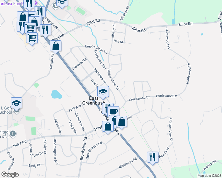 map of restaurants, bars, coffee shops, grocery stores, and more near 24 Tamarack Lane in East Greenbush