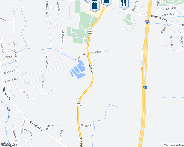 map of restaurants, bars, coffee shops, grocery stores, and more near North Route 9W in Glenmont