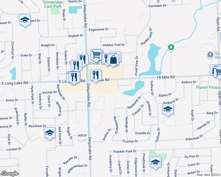 map of restaurants, bars, coffee shops, grocery stores, and more near 2260 18 Mile Road in Sterling Heights