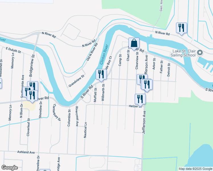 map of restaurants, bars, coffee shops, grocery stores, and more near 39563 Prentiss Street in Harrison Township