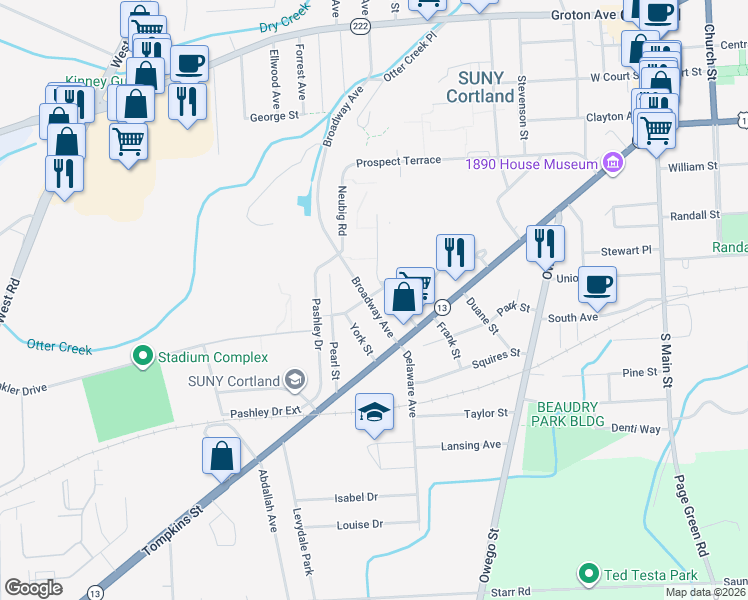 map of restaurants, bars, coffee shops, grocery stores, and more near 16 Broadway Avenue in Cortland