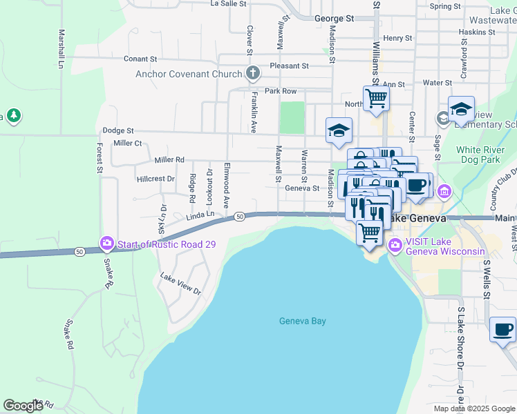 map of restaurants, bars, coffee shops, grocery stores, and more near 1229 West Main Street in Lake Geneva