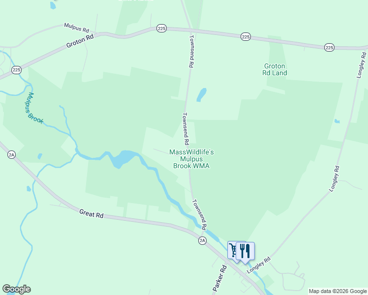 map of restaurants, bars, coffee shops, grocery stores, and more near 24 Townsend Road in Shirley