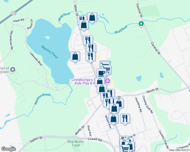 map of restaurants, bars, coffee shops, grocery stores, and more near 270 Main Street in North Reading