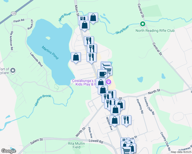 map of restaurants, bars, coffee shops, grocery stores, and more near 270 Main Street in North Reading