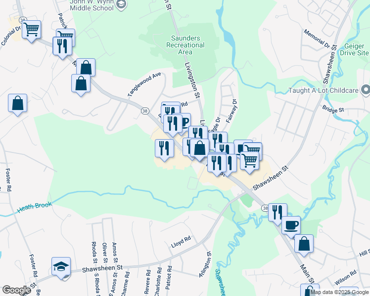map of restaurants, bars, coffee shops, grocery stores, and more near 1830 Main Street in Tewksbury
