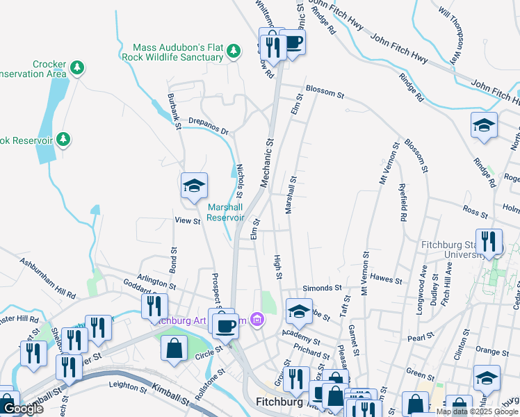 map of restaurants, bars, coffee shops, grocery stores, and more near 217 Mechanic Street in Fitchburg