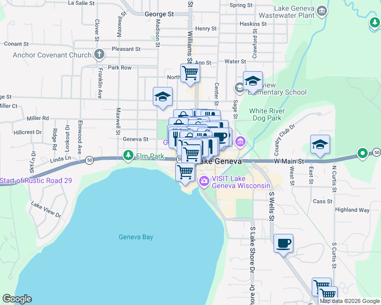 map of restaurants, bars, coffee shops, grocery stores, and more near 244 Broad Street in Lake Geneva