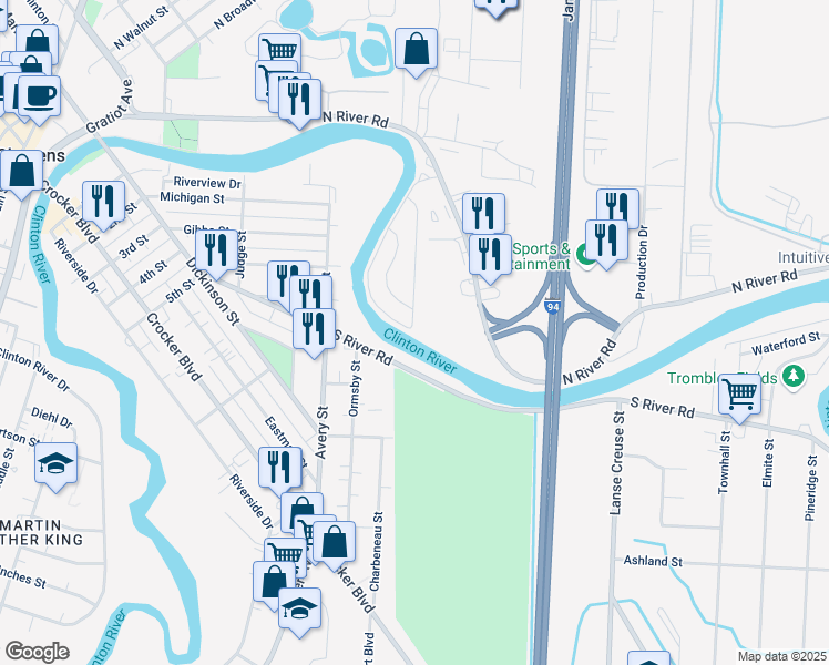 map of restaurants, bars, coffee shops, grocery stores, and more near 4100 Riverview Circle in Mount Clemens