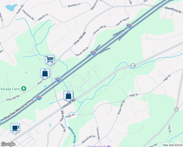 map of restaurants, bars, coffee shops, grocery stores, and more near 175 Littleton Road in Chelmsford