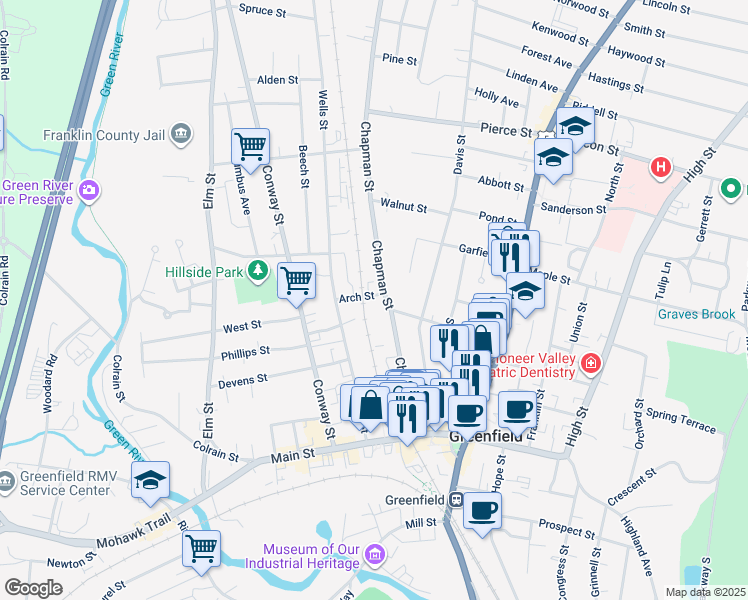 map of restaurants, bars, coffee shops, grocery stores, and more near 6 Arch Street in Greenfield