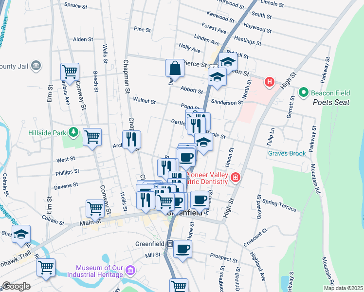 map of restaurants, bars, coffee shops, grocery stores, and more near 17 Leonard Street in Greenfield