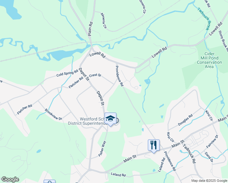 map of restaurants, bars, coffee shops, grocery stores, and more near 7 Cummings Road in Westford