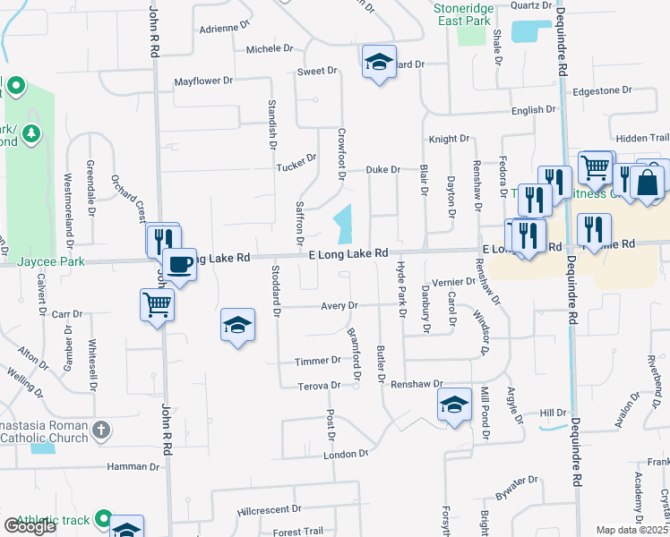 map of restaurants, bars, coffee shops, grocery stores, and more near 4991 Foxcroft Drive in Troy