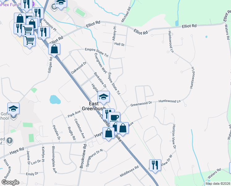 map of restaurants, bars, coffee shops, grocery stores, and more near 24 Tamarack Lane in East Greenbush