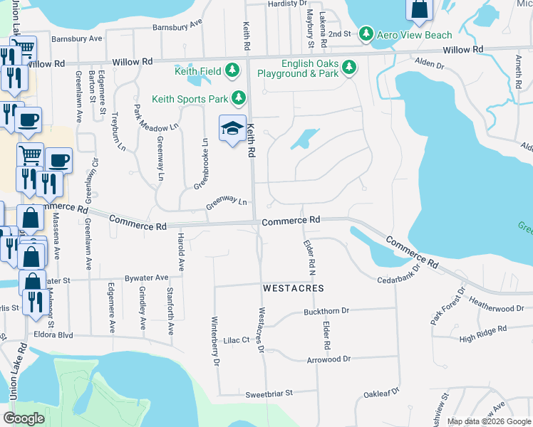 map of restaurants, bars, coffee shops, grocery stores, and more near 7408 Meadowcrest Court in West Bloomfield Township