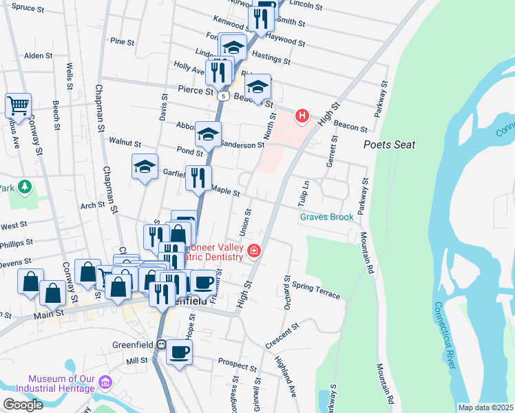 map of restaurants, bars, coffee shops, grocery stores, and more near 56 Maple Street in Greenfield