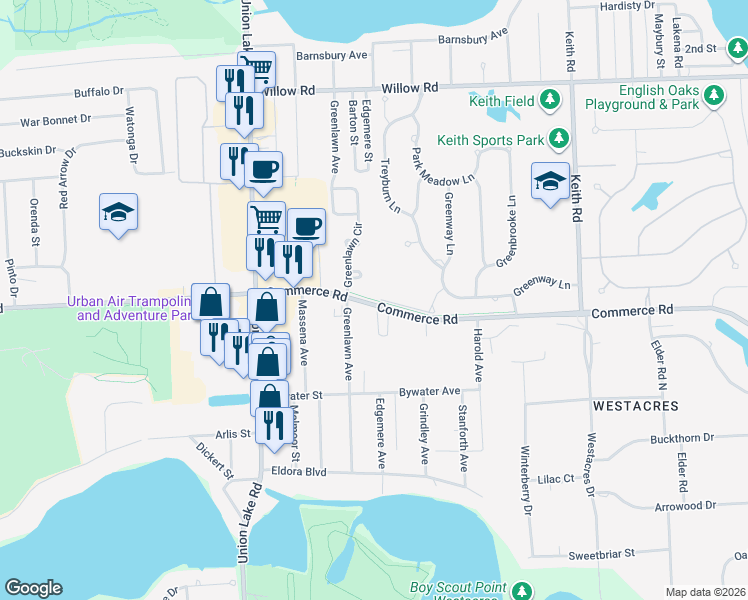 map of restaurants, bars, coffee shops, grocery stores, and more near 7980 Billingham Road in West Bloomfield Township