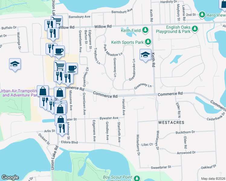 map of restaurants, bars, coffee shops, grocery stores, and more near 2993 Green Woods Court in Oakland County