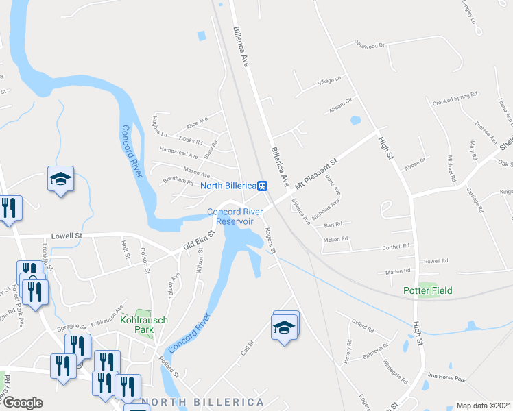 map of restaurants, bars, coffee shops, grocery stores, and more near 4 Mount Pleasant Street in Billerica