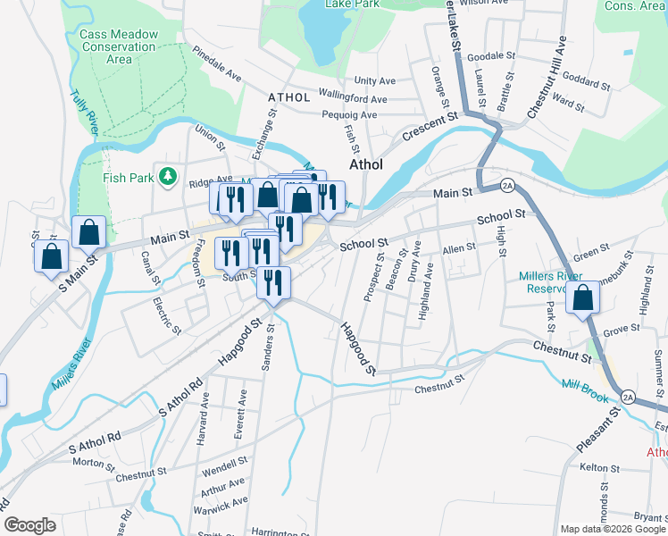 map of restaurants, bars, coffee shops, grocery stores, and more near 32 Brown Street in Athol