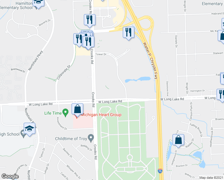 map of restaurants, bars, coffee shops, grocery stores, and more near 840 West Long Lake Road in Troy