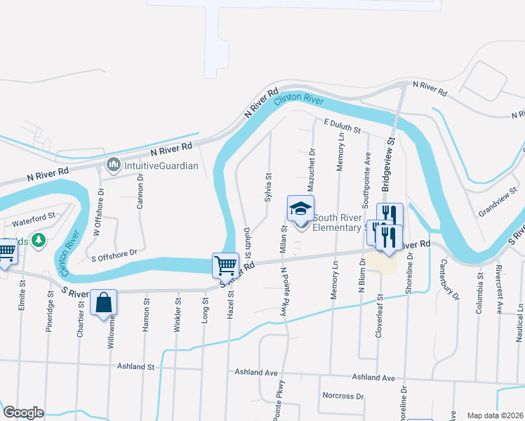 map of restaurants, bars, coffee shops, grocery stores, and more near 39751 Sylvia Street in Harrison Township