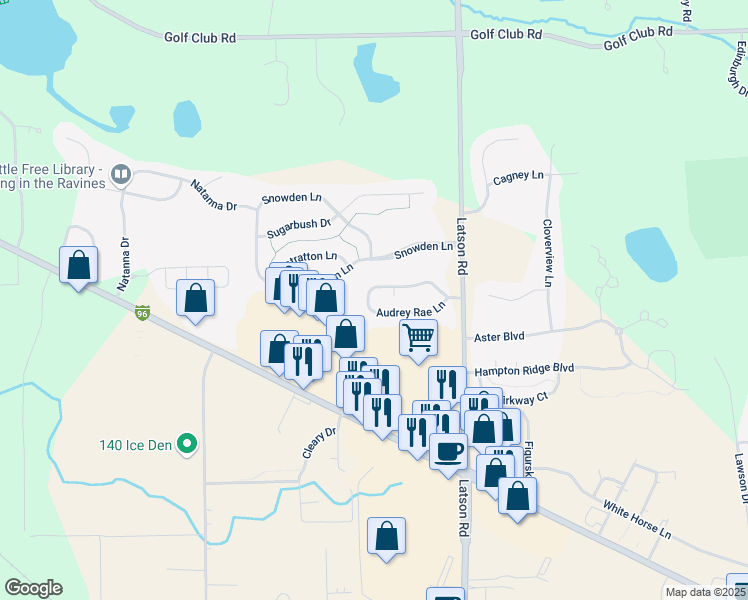 map of restaurants, bars, coffee shops, grocery stores, and more near 3840 Audrey Rae Lane in Howell