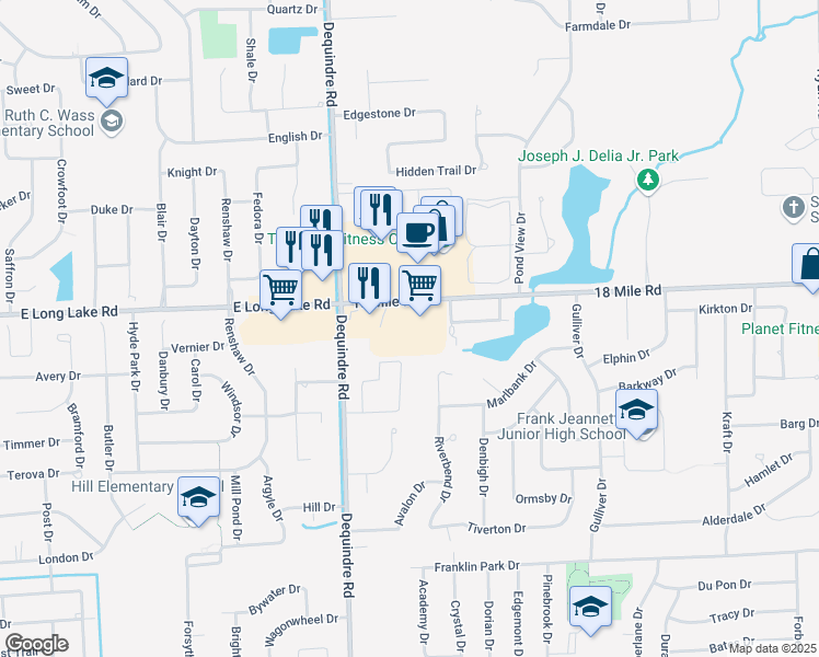 map of restaurants, bars, coffee shops, grocery stores, and more near 2260 18 Mile Road in Sterling Heights